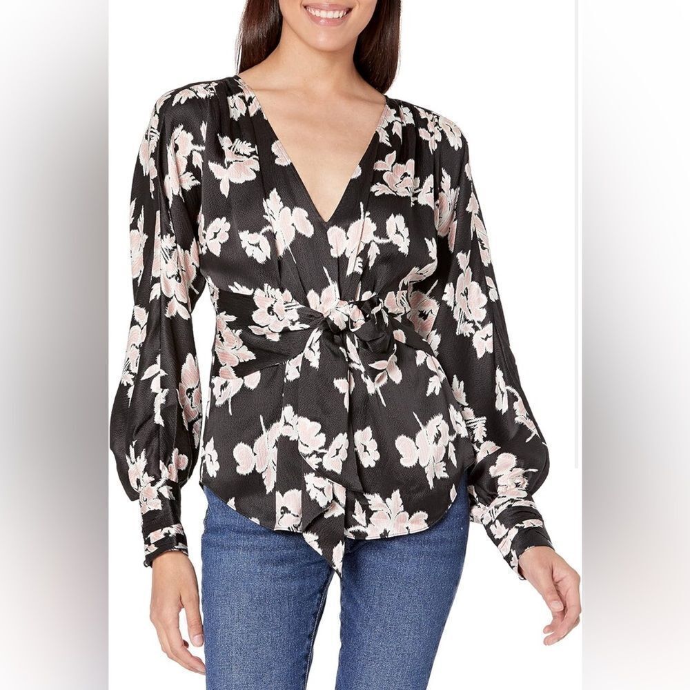 CINQ A SEPT Yesenia Floral Textured Tie Front Silk Blouse M